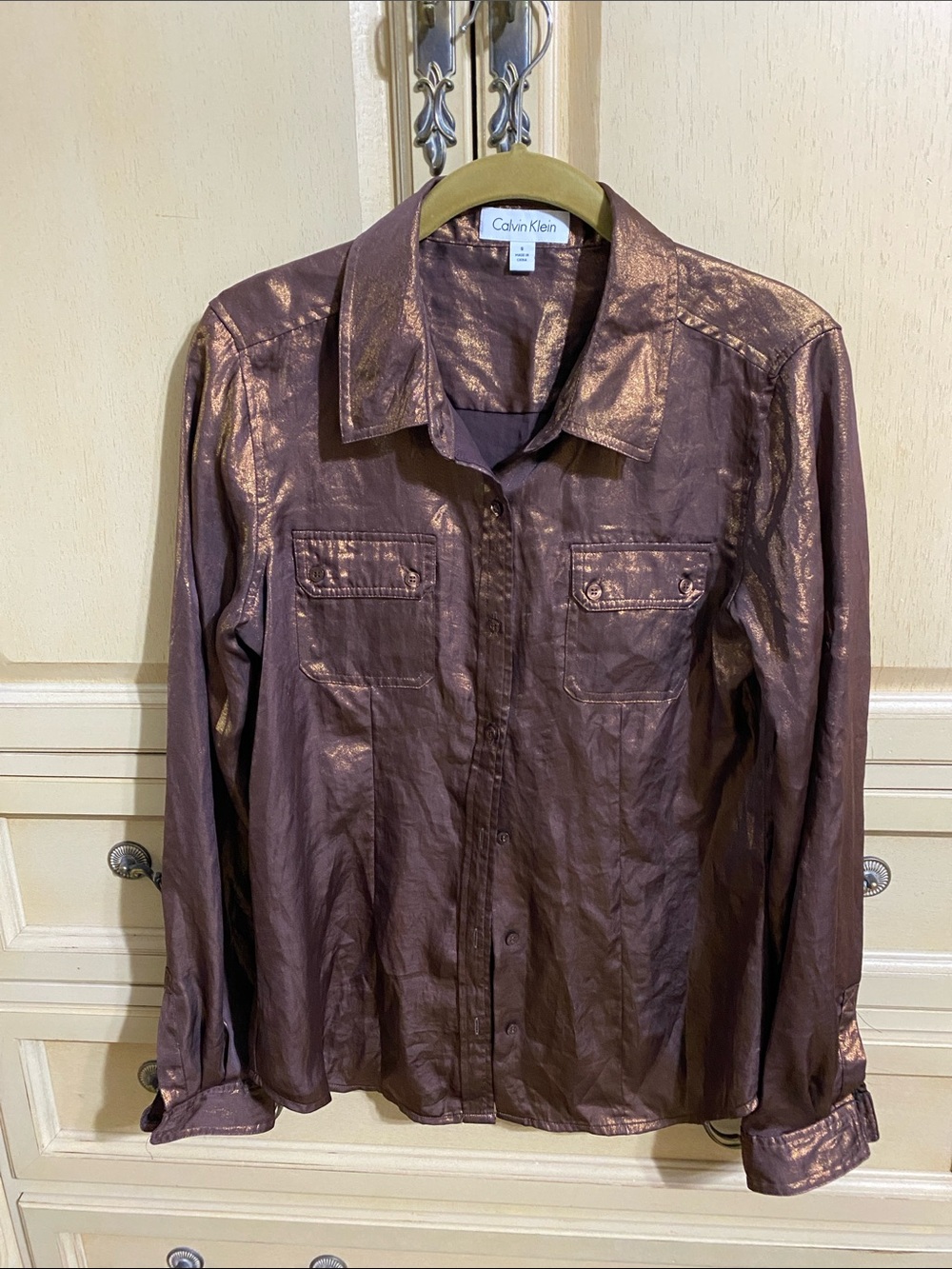 Calvin Klein Metallic Copper-Brown Button Down Shirt.